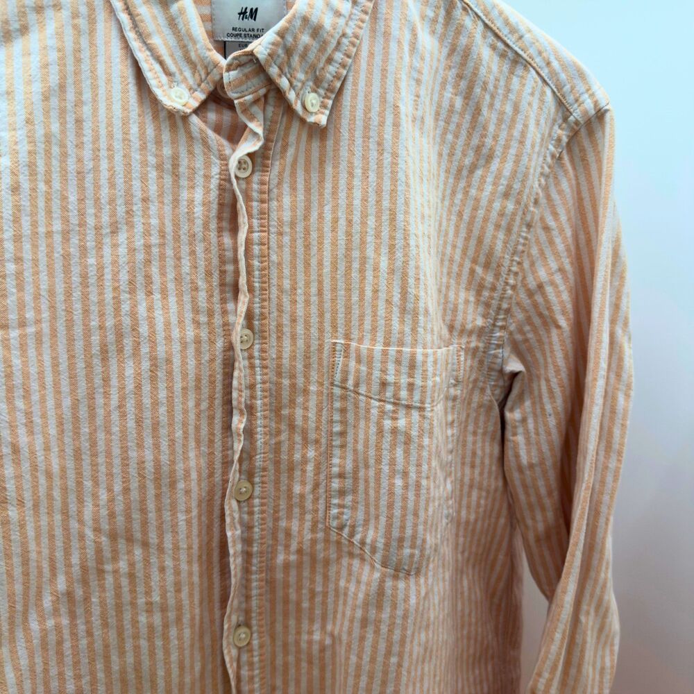 H&M Men’s Light Orange & White Striped Cotton Shirt Regular Button-Down Medium